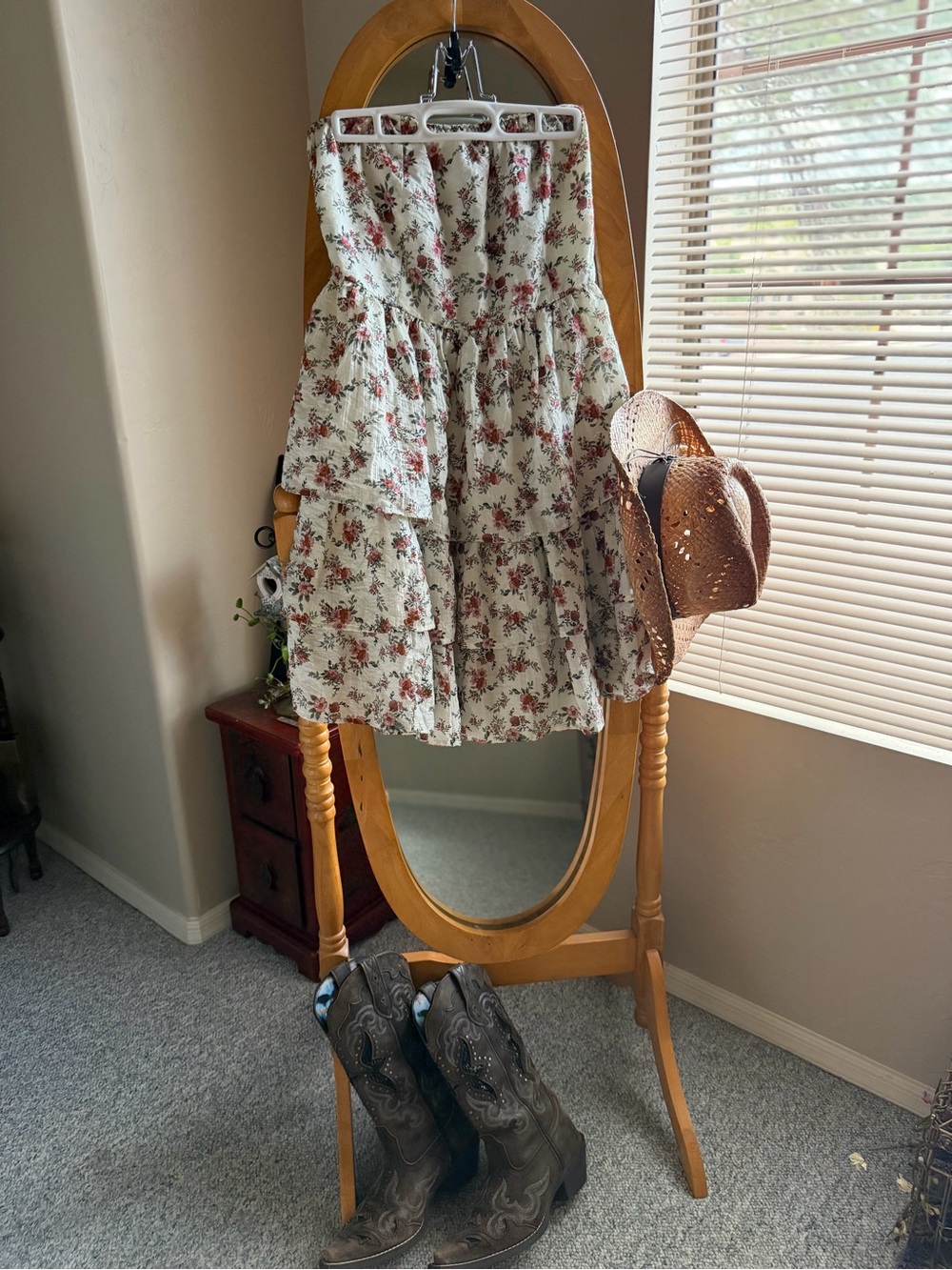 Altar'd State Cream Floral Tiered Ruffle Strapless Mini Dress EUC